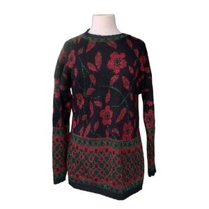 ❤️Vintage metallic red and green floral black tunic length sweater size large